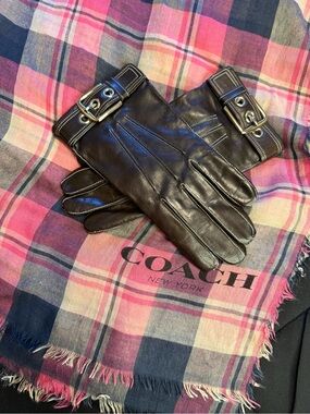 Coach Brown Leather Buckle Gloves Women’s Size 7 Cashmere Lined